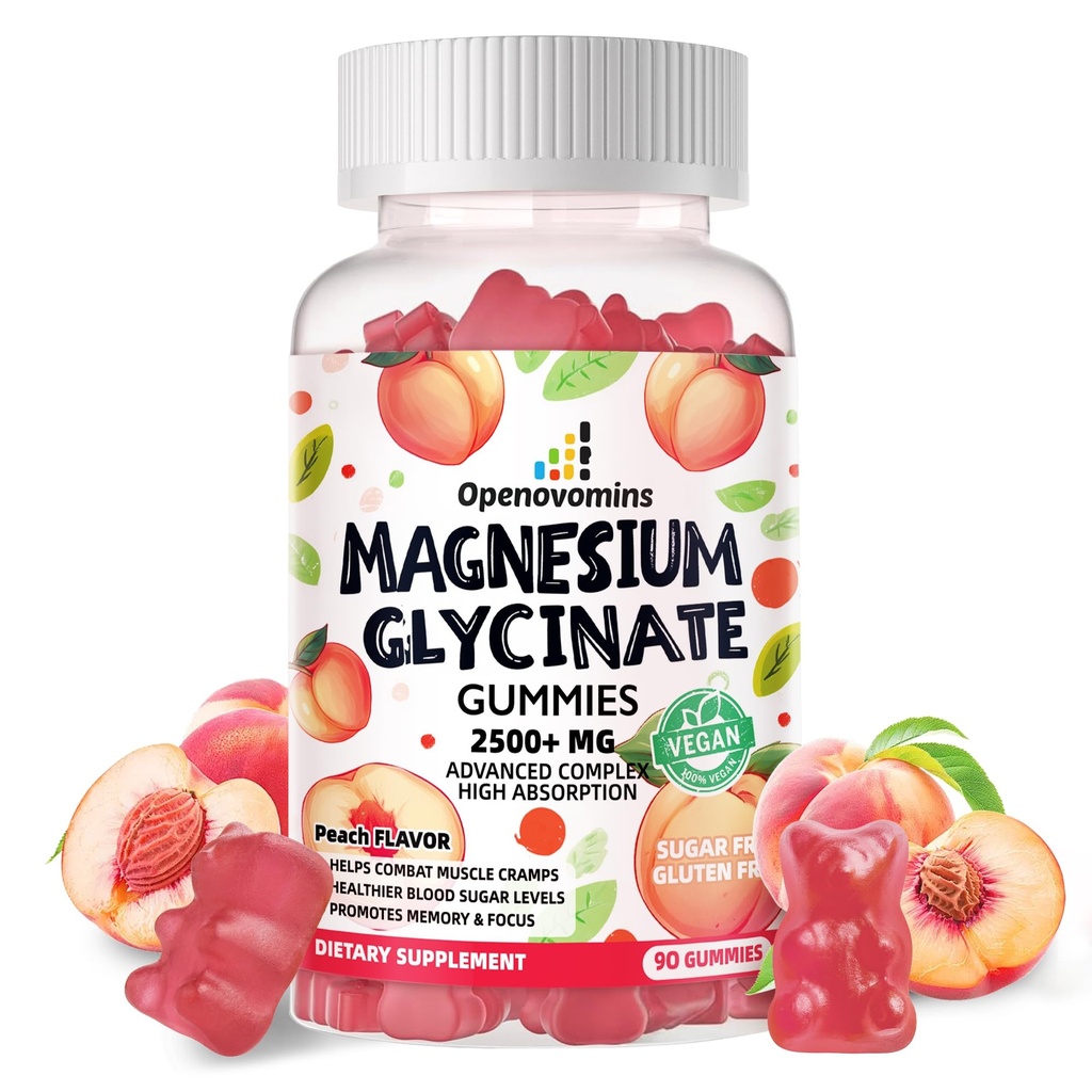 Magnesio Glycinate Gummies 2500mg - Suplemento de Potasio de Magnesio Libre de Azúcar con Vitamina D, B6, CoQ10 para calma Mood &amp; Sleep Support - 90 Peach Gummies