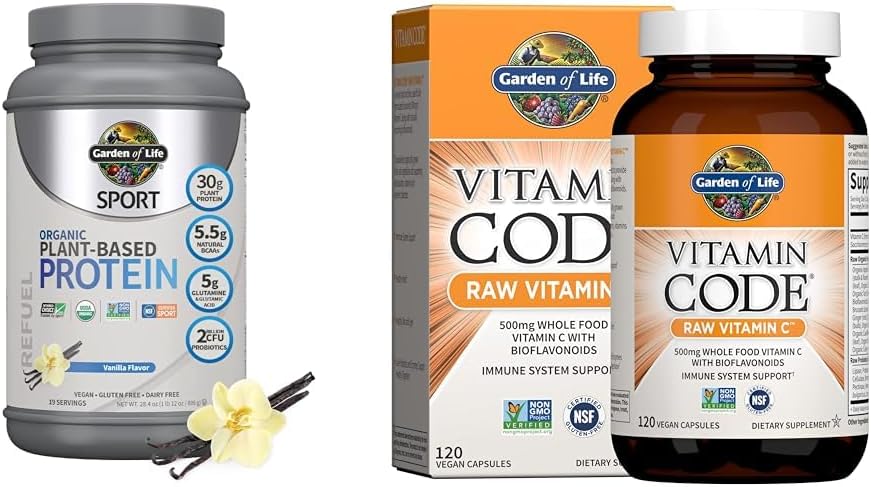 Jardín de la vida Pólvora orgánica del deporte vegano, vainilla, 30g - Probióticos, BCAAs para la recuperación posterior del entrenamiento 19 Servimientos + código de vitamina cruda Vitamina C, 120 Vág cápsulas