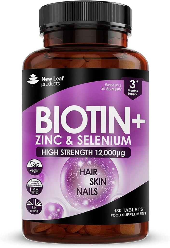 Biotin Hair Growth Vitamins 12000mcg High Strength with Coconut Oil - Promotes Healthy Hair Skin &amp; Nails - Biotin Vitamins for Women adulto Hombre Vegan, Gluten Free Supplements - Made in The UK by New Leaf