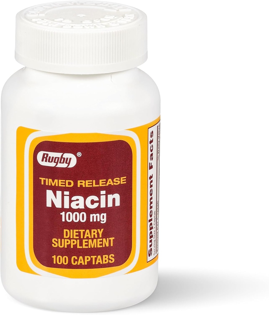 Rugby Timed-Release Niacin 1000mg Suplemento dietético para Adultos por Energía, Circulación y Metabolismo Apoyo, 100 Captabs (Pack of 1)