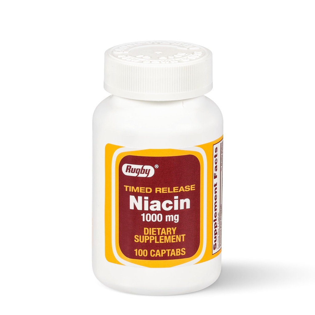 Rugby Timed-Release Niacin 1000mg Suplemento dietético para Adultos por Energía, Circulación y Metabolismo Apoyo, 100 Captabs (Pack of 1)