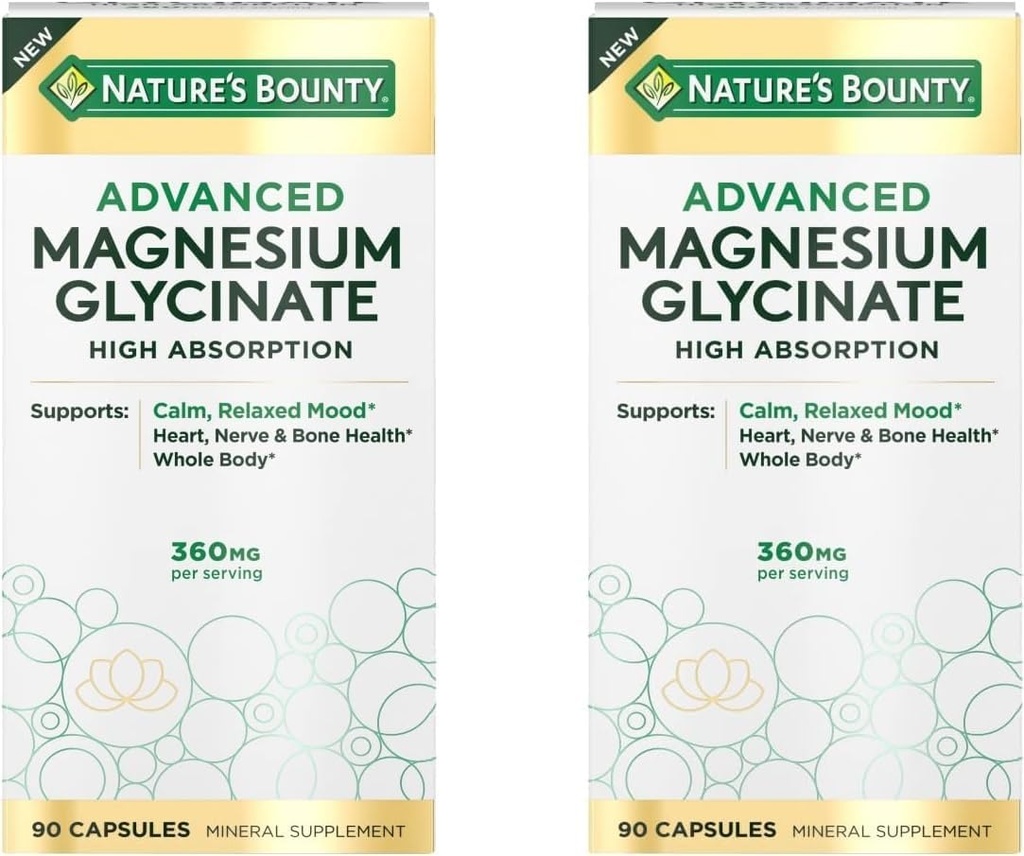 Magnesio Glycinate de alta absorción Bounty High Absorption de la naturaleza, soporta un Mood relajado, corazón, nervios, musculo &amp; Bone Health Support, 90 capsules (Pack of 2)