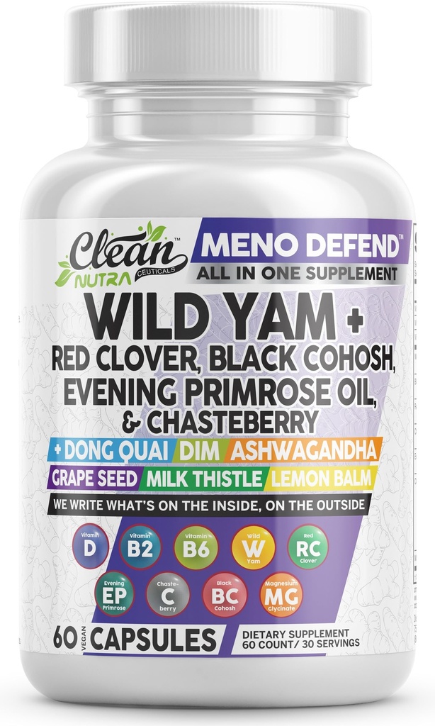 Clean Nutra Wild Yam Root Capsules con Clover Rojo Negro Cohosh Evening Primrose Oil Chasteberry Dong Quai DIM Ashwagandha Grape Seed Extracto Milk Thistle Lemon Balm y más Hormon Balance Para Mujeres