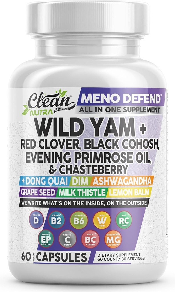 Clean Nutra Wild Yam Root Capsules con Clover Rojo Negro Cohosh Evening Primrose Oil Chasteberry Dong Quai DIM Ashwagandha Grape Seed Extracto Milk Thistle Lemon Balm y más Hormon Balance Para Mujeres