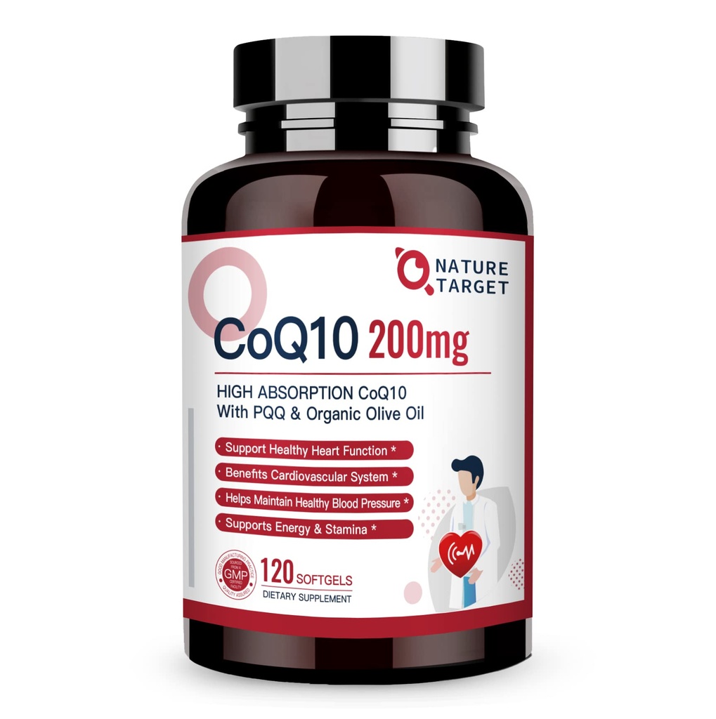 NATURE TARGET CoQ10-200mg-Softgels + PQQ con Orgánica-Olive-Oil - Alta Absorción-Coenzyme-Q10 - Antioxidante-por-Heart-Health y Apoyo Inmunitario, Producción Energética, 120 Servimientos