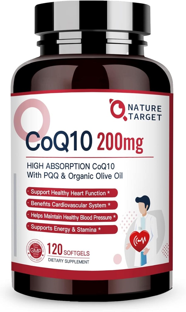 NATURE TARGET CoQ10-200mg-Softgels + PQQ con Orgánica-Olive-Oil - Alta Absorción-Coenzyme-Q10 - Antioxidante-por-Heart-Health y Apoyo Inmunitario, Producción Energética, 120 Servimientos