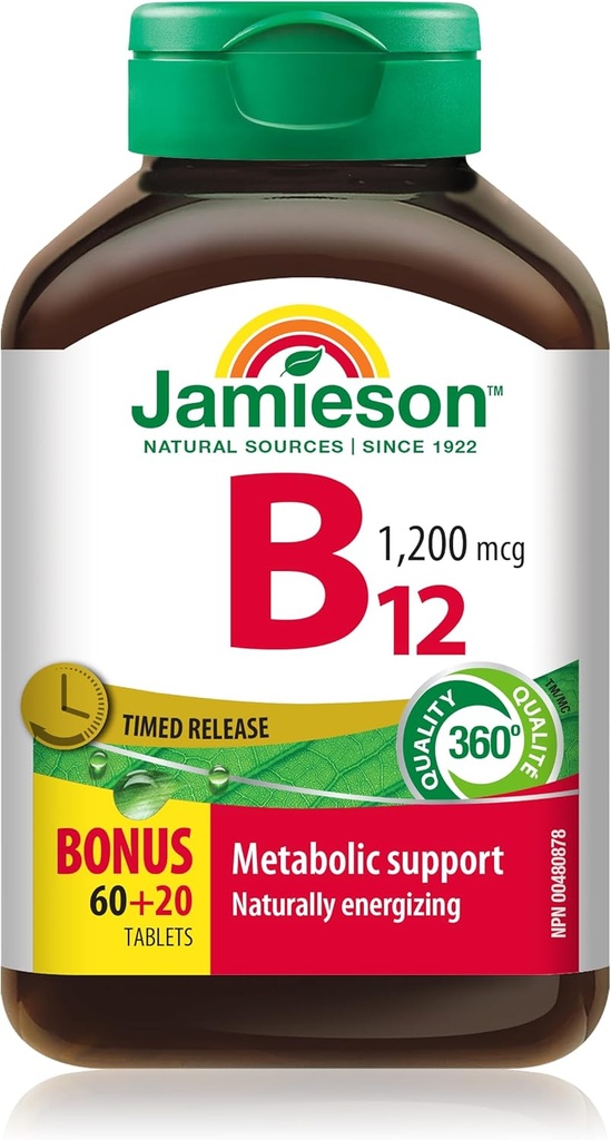 Jamieson Vitamina B12 (Cobalamin) 1200mcg, Timed Release, 80 tabletas