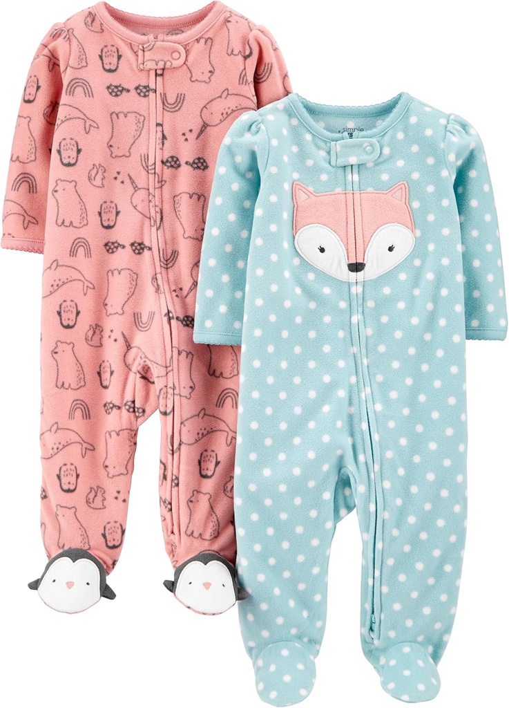 Joyas simples de Carter's Baby Girls' Cotton y Fleece Footed Sleep and Play, Pack of 2