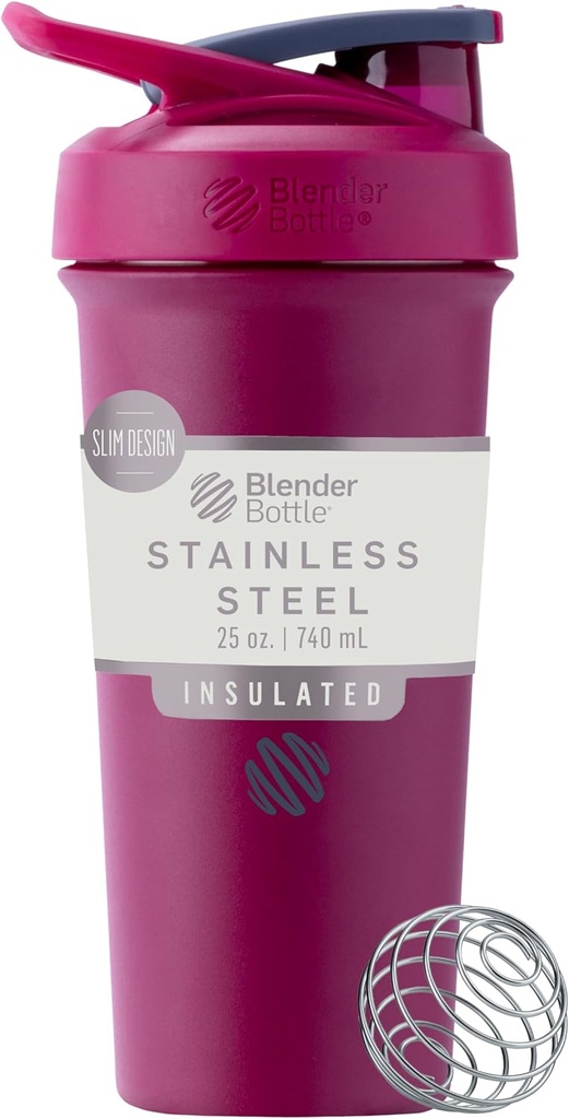 BlenderBottle Sport Sleek Acero Insulado Botella con Wire Whisk, 25 onzas, Raspberry – Protein Shakes " Hydration for Athletes & Fitness Enthusiasts, Easy Mixing, Slim Easy to Hold, Keeps Drinks Cold, Lockable Lid