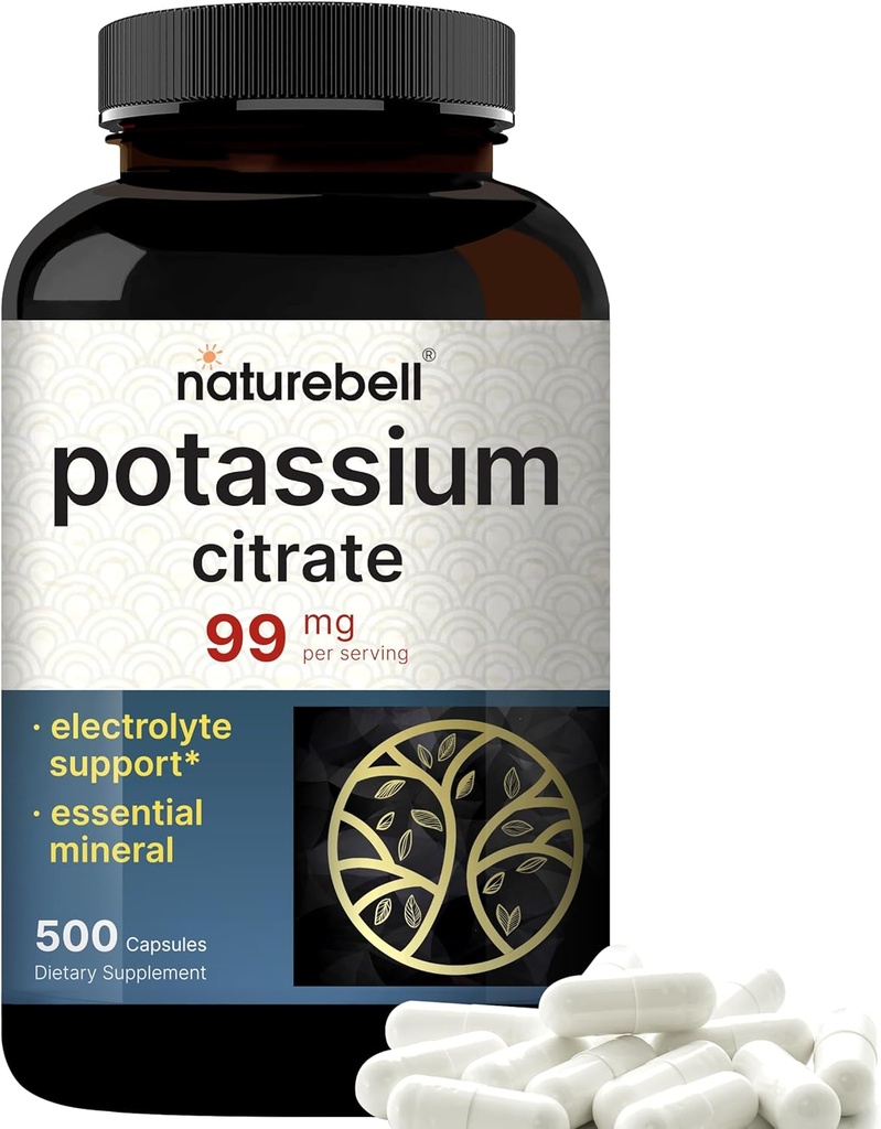 Suplemento de Citrato de Potasio 99mg, 500 cápsulas vivieron de forma fácil Absorbida – Balance Electrolílito Mineral Esencial – apoya el músculo, el hueso, la salud cardíaca – No GMO