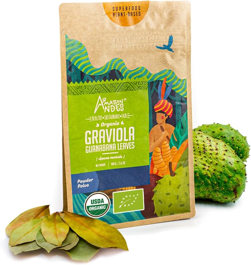 Andes Graviola Leaves Powder Anonna muricata - Rich in Vitamin C & Fibers - Immune System Stimulant - USDA NOP Suplemento - Soursop - Gluten Free, Vegan, " Non GMO - 100gm / 3.5oz (20 Serving)