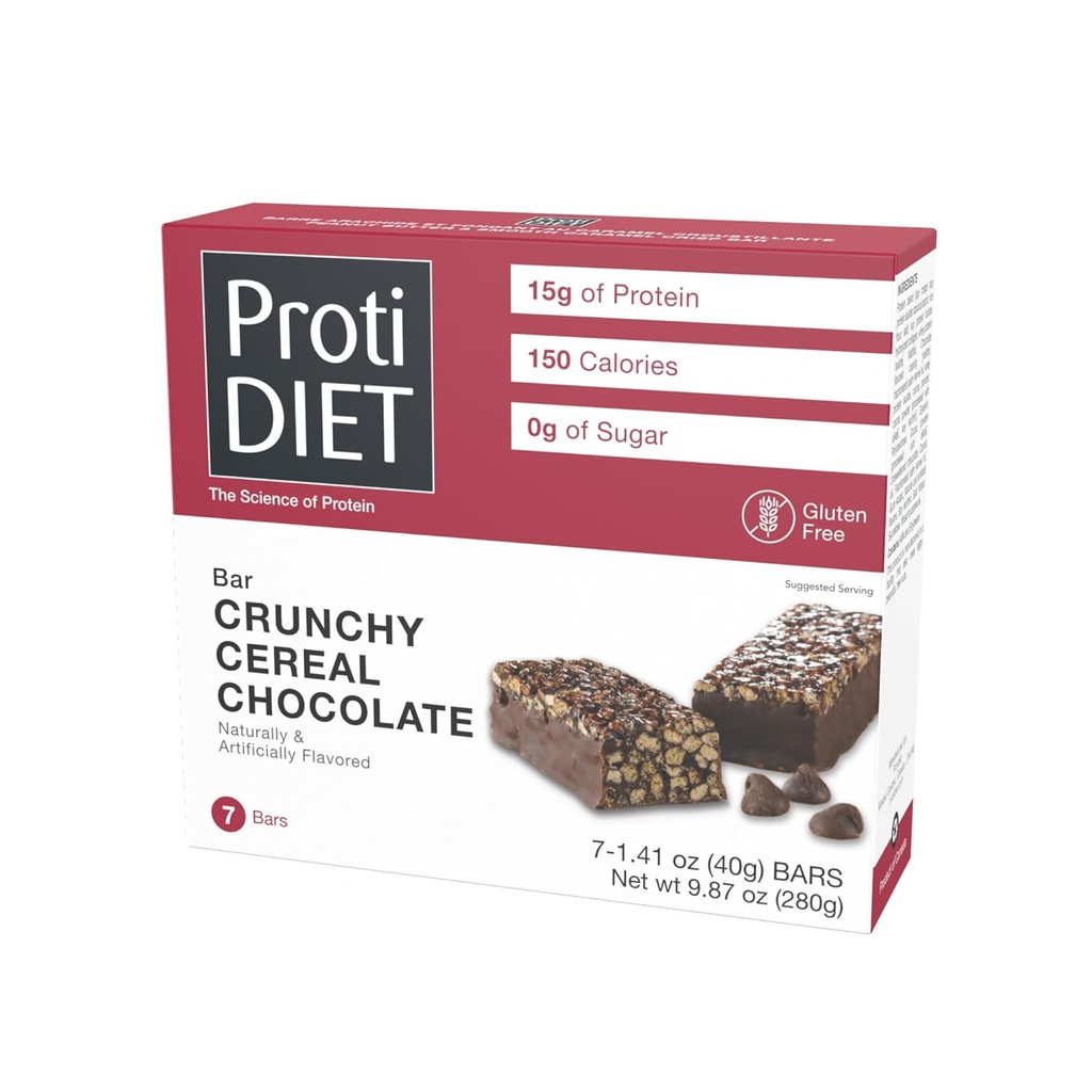 ProtiDIET Gluten Free Crunchy Cereal Chocolate Fiber Protein Bares - High Protein Snacks, Perfect On-the-Go Nutrition Snacks to Support a Busy and Active Lifestyle - 7 Protein Bares Por Box