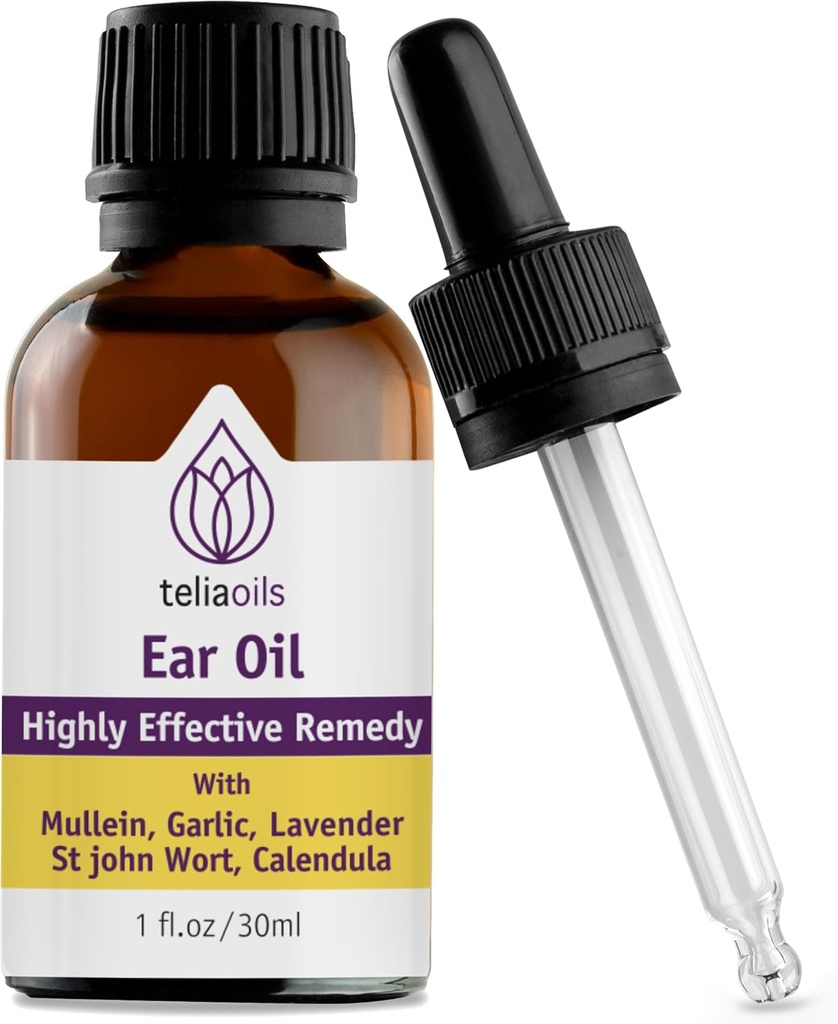 Teliaoils Natural Ear Drops Aceite esencial con ajo y Mullein - Herbal Ear Oil Remedy for Easy Earwax Removal, Descomfort &amp; Ringing Relief - Natural Soothing, Deep Cleansing Properties - 1 oz.