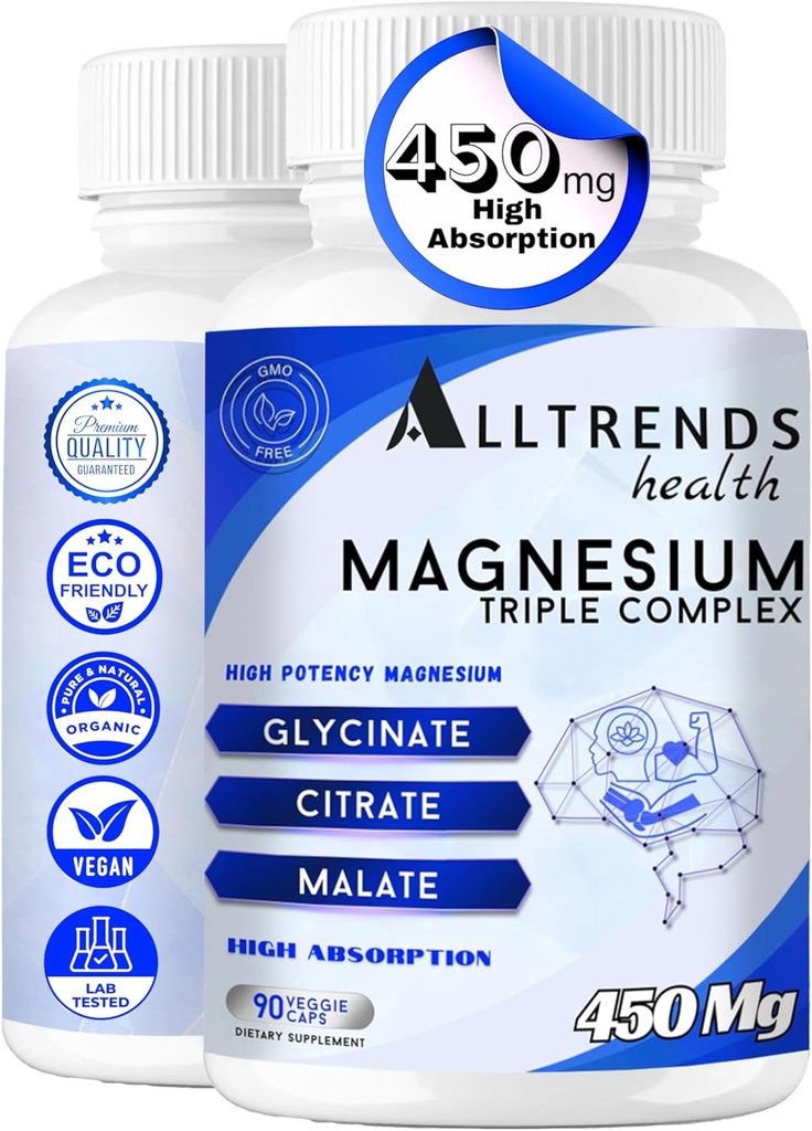 Complejo de magnesio triple ← Magnesio de alta potencia 450mg de magnesio Glycinate, Malate " Citrate TEN High Absorption ← Non-GMO, Gluten Free, Soy Free, Vegan tención 90 cápsulas.