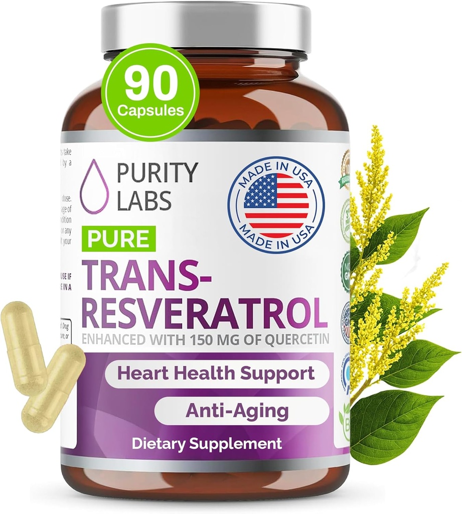 Purity Labs Purre Organic Trans Resveratrol Supplement with Quercetin, Vegan Antioxidant Nutritional Supplements for Heart, Skin, Hair, Nails TEN Fuented from Japanese Knotweed ← 90 Capsules