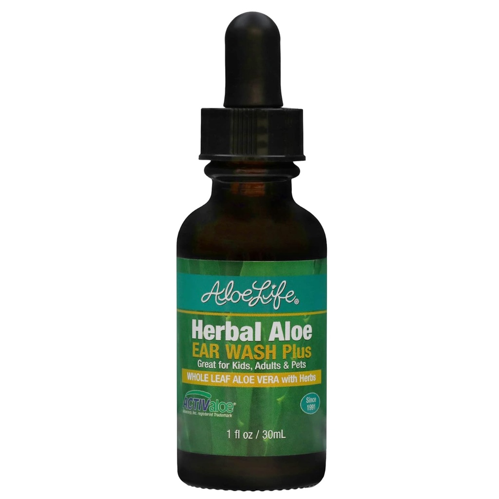 Aloe Life - Herbal Aloe Ear Wash Plus, proporciona alivio calmante para las irritaciones del oído, el oído de Swimmer, el malestar " Itchy Ears, Whole Leaf Aloe Vera with Herbs, Safe for Animals, Incluye gotero (1 oz)
