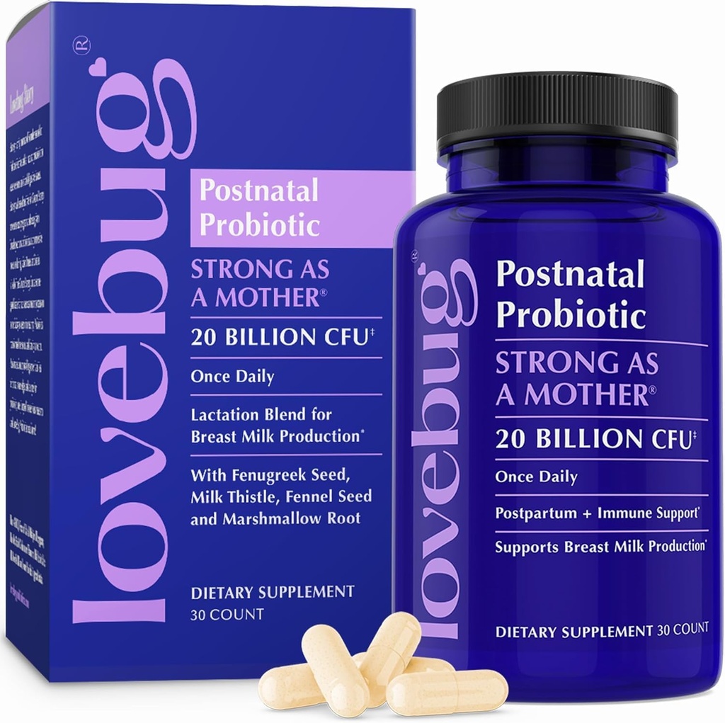 Probióticos postnatales de Lovebug - 20 millones de UF Multi Strain for Breastfeeding -con Fenugreek, Milk Thistle & Fennel,Supports Breast Milk & Gut Health, Postpartum Essentials, 30 cápsulas