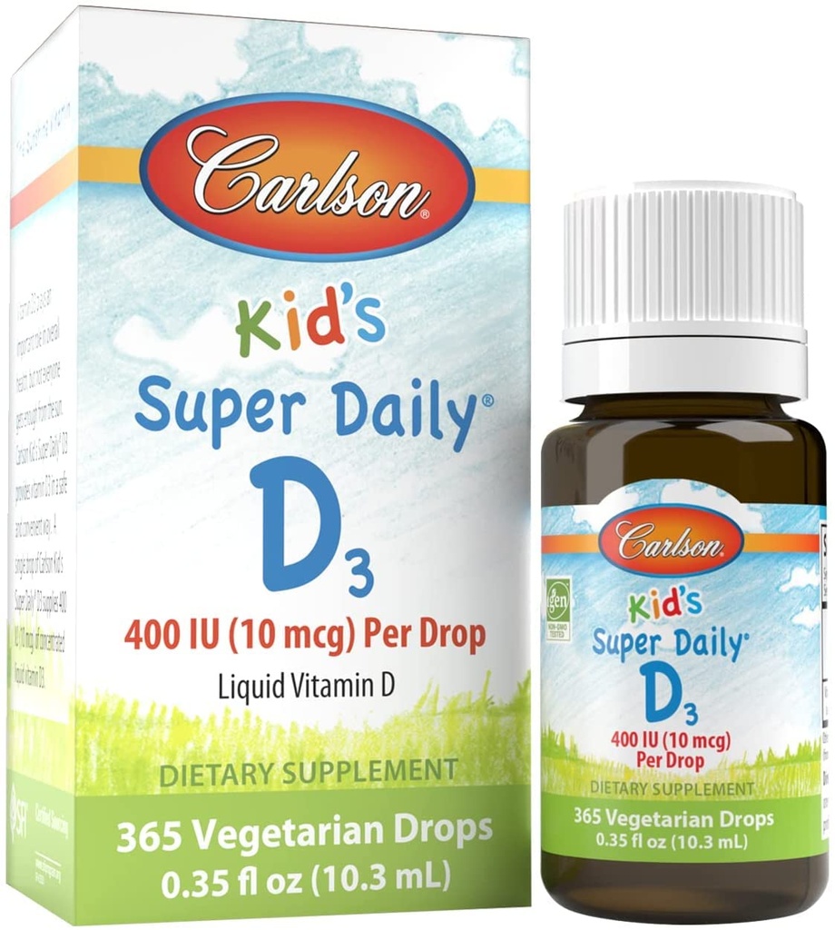 Carlson - Super Daily D3, gotas de vitamina D para niños, 400 UI por gota, 1-Año de suministro, Corazón &amp; Salud Inmune, Vegetariano, Líquido de vitamina D gotas, Desflavorado, 365 gotas