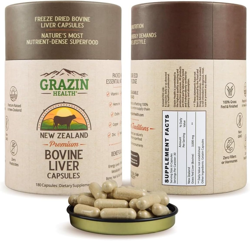 Grass Fed Beef Liver de Nueva Zelanda - Freeze Dried 3000mg por Serving (500mg por cápsula) (30 Serviciones)