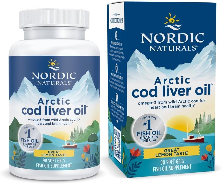 Naturales nórdicos Aceite de hígado de bacalao, limón - 90 geles blandos - 750 mg Total Omega-3 con EPA &amp; DHA - Corazón &amp; Salud cerebral, Inmunidad saludable, Bienestar general - No GMO - 30 Actuaciones