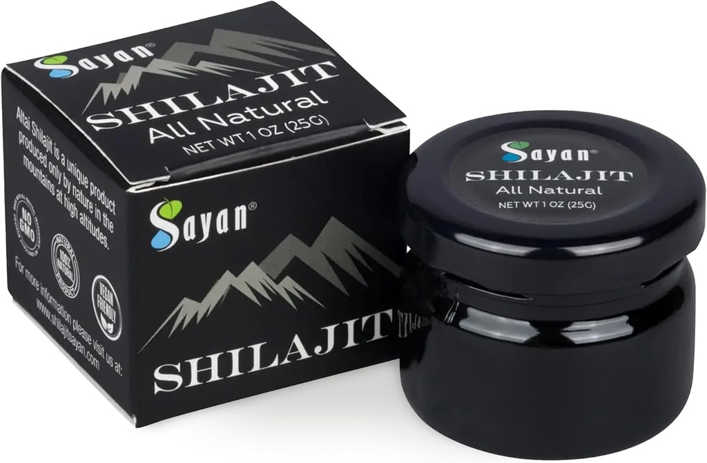 Sayan Puro Shilajit Resin 1oz/25g, Jarrón de vidrio, 250 Serviciones - Potente Suplemento de ácido Fulvico - Soporta Sistema Inmunitario, Memoria, Enfoque y Proporciona Energía Natural, Detox - Vegan, No GMO