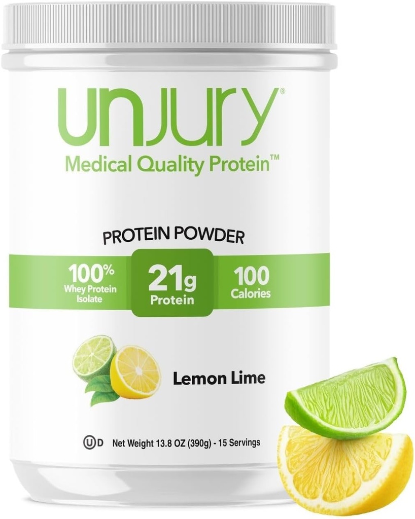 Unjury Whey Protein Powder ← Lemon Lime TEN 21g 100% Whey Isolate Protein Powder TEN Low Carb and Lactose Free TEN Gluten Free TEN Certified Kosher TEN 15 Servings