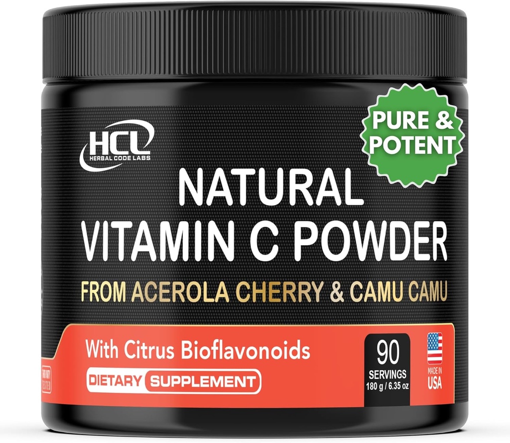 Vitamina Natural C de Acerola Cherry &amp; Camu Camu Powder - Absorción alta con Citrus Bioflavonoides - Sistema inmunológico &amp; Booster colágeno - Anti Aging Vitaminas de la piel Hecho en EE.UU. 90 porciones