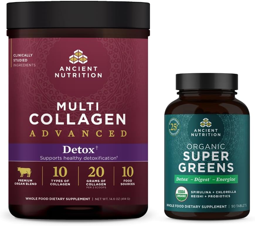 Antigua Nutrición Multi Collagen Advanced Powder Cleanse & Detox, Deflavored, 36 Servings + Organic Super Greens Tablet 90 Count