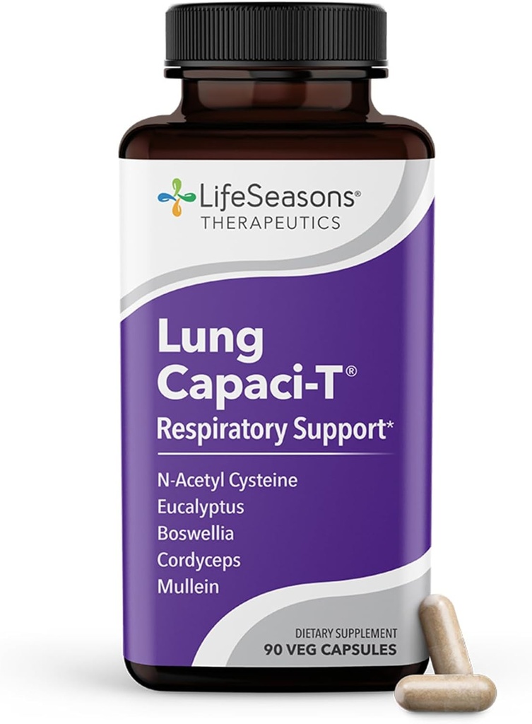 Lung Capaci-T - Respiratory Support Supplement - CoQ10, N-Acetyl Cysteine, Boswellia, Eucalyptus, Mullein, Green Tea, Nettle &amp; Peppermint - Aumenta la capacidad de oxígeno " Reduce Mucus - 90 cápsulas