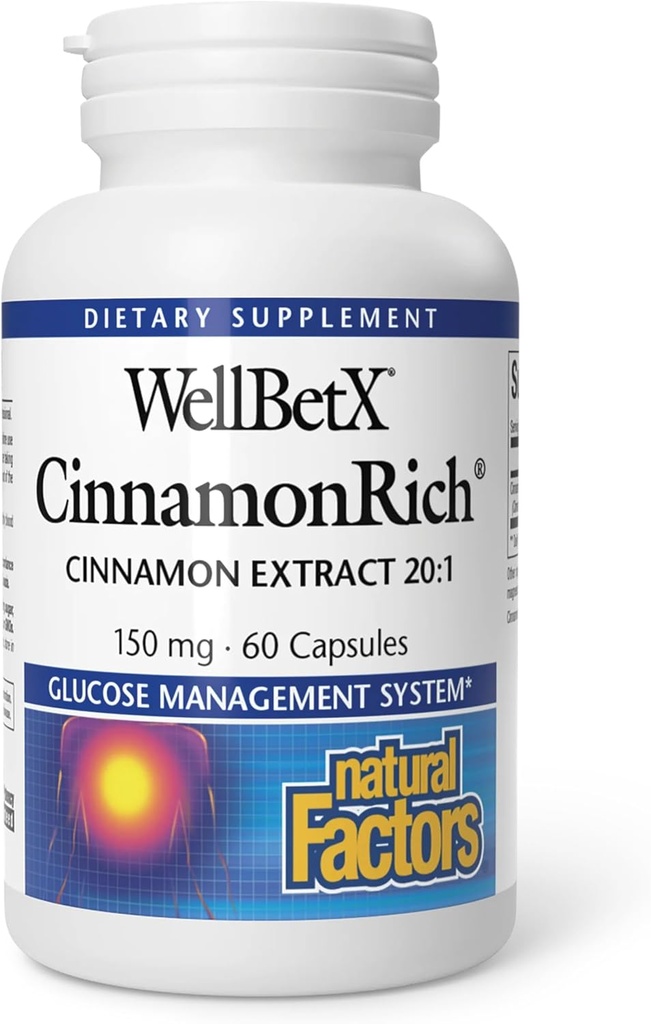 Factores naturales WellBetX CinnamonRich Extracto 150 mg, 60 cápsulas