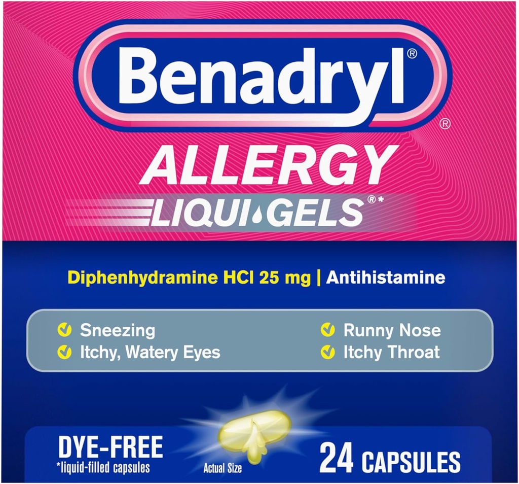 Benadryl Liqui-Gels Allergy Medicine, Dye-Free Líquido Gel capsules con 25 mg de Diphenhydramine HCl Antihistamine para el alivio de la alergia &amp; síntomas fríos como Runny Nose &amp; Sneezing, 24 ct