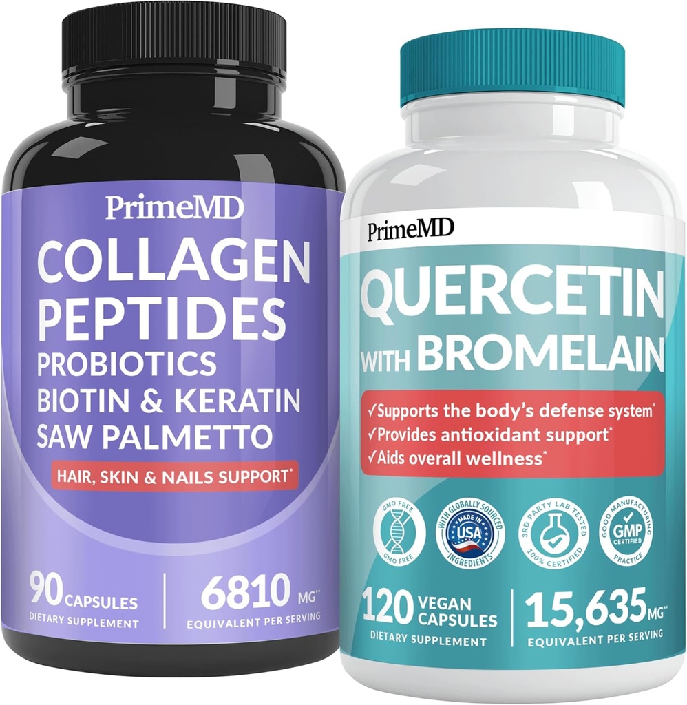 27-en-1 Peluquería y uñas Vitaminas (6810mg) w/Biotin y Collagen Crecimiento del cabello Vitaminas con Probióticos y Saw Palmetto, 90 ct - 28-en-1 Quercetina con Bromelain para la Defensa del Inmuno Diario (120ct)