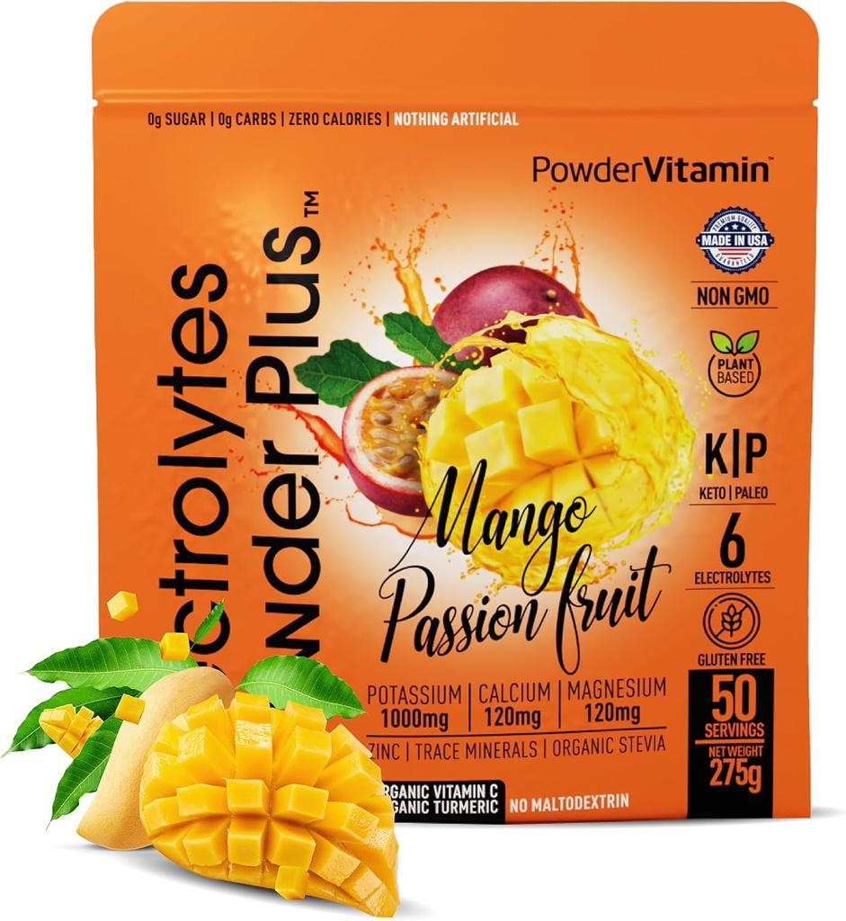 PowderVitamin Electrolytes Powder Plus (50 Servings) Mango Passionfruit Electrolyte Powder Zero Calorie Keto, 0 Azúcar, Sin Maltodextrin,1000mg Potasio,120mg Calcio,120mg Magnesio, Hidratación Polvo