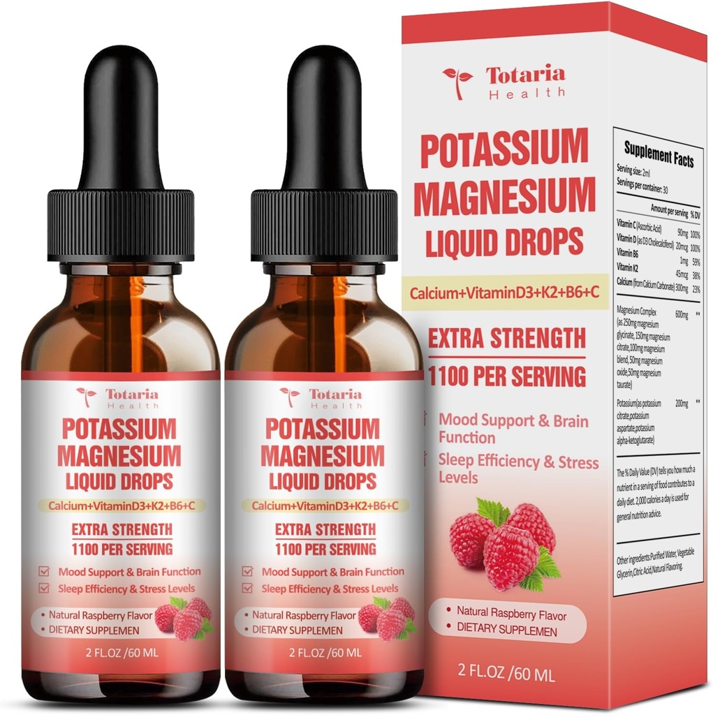 Suplemento de magnesio de potasio gotas líquidas - Suplemento de potasio de alta absorción con magnesio, calcio, vitamina D3 K2, Vegan, Potasio no GMO Potasio de apoyo Leg Cramps, Bone, Muscle - 4 Fl oz