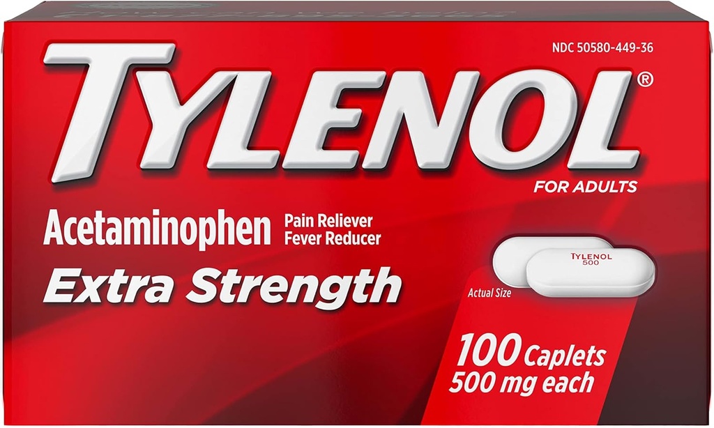 TYLENOL Extra Strength Doin Reliever & Fever Reducer 500 mg, Caplets 100 ea Pack de 2