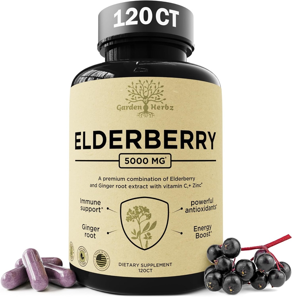 Elderberry con Vitamina C, Zinc, " Ginger – Potent Immune Booster 5000 Mg Elderberry, Zinc, " Vitamina C – Vitaminas no GMO Immunity para adultos para ayudarte a sentir vibración, 120 caps