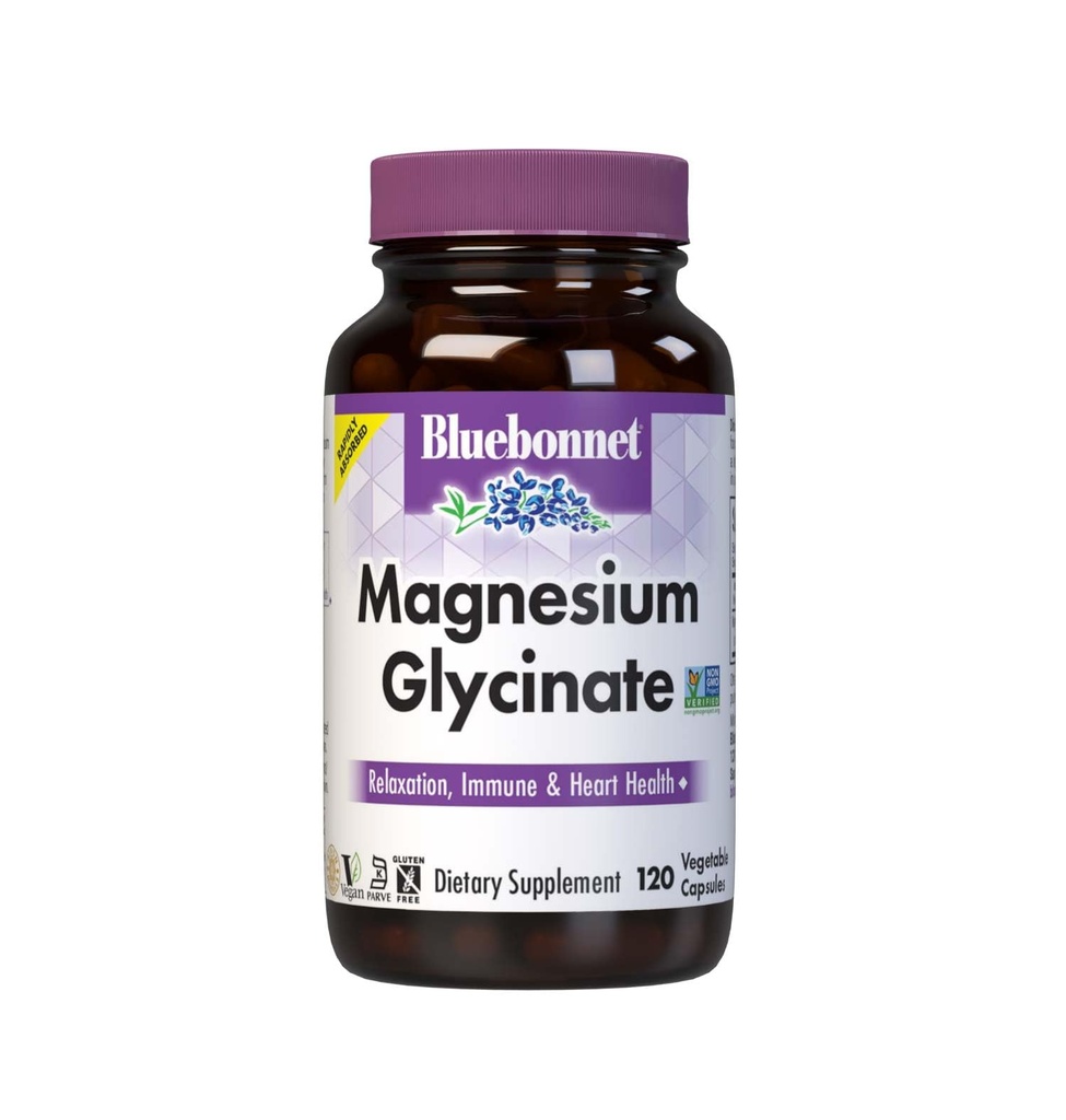 Bluebonnet Nutrition Magnesium Glycinate 400mg Maximum Absorption Mineral Complex Supports Energy Production &amp; Enzyme Function - Non-GMO, Soy-Free, Gluten-Free - 120 Veggie Capsules