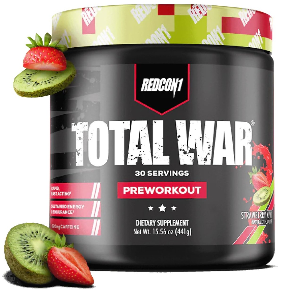 REDCON1 Total War Pre Workout, Strawberry Kiwi - Fast Acting Caffeinated Preworkout for Men + Women with Beta Alanine - Contains Citrulline Malate for Increased Pump, Blood Flow (30 Servings)