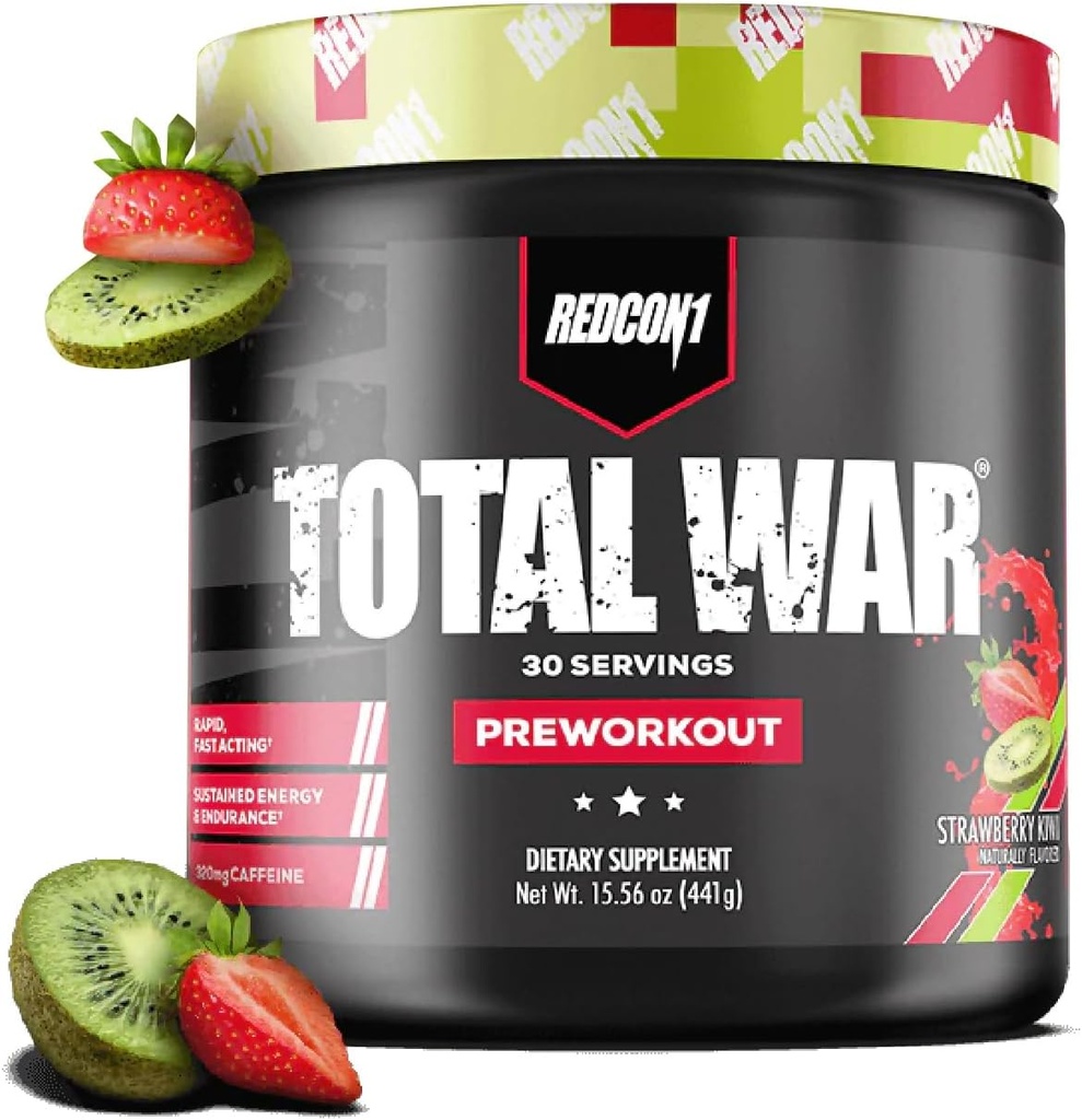 REDCON1 Total War Pre Workout, Strawberry Kiwi - L Citrulline, Malic Acid, Green Tea Leaf Extract for Pump Boosting Pre Workout for Women &amp; Men - 3.2g Beta Alanine to Reduce Exhaustion (30 Servings)