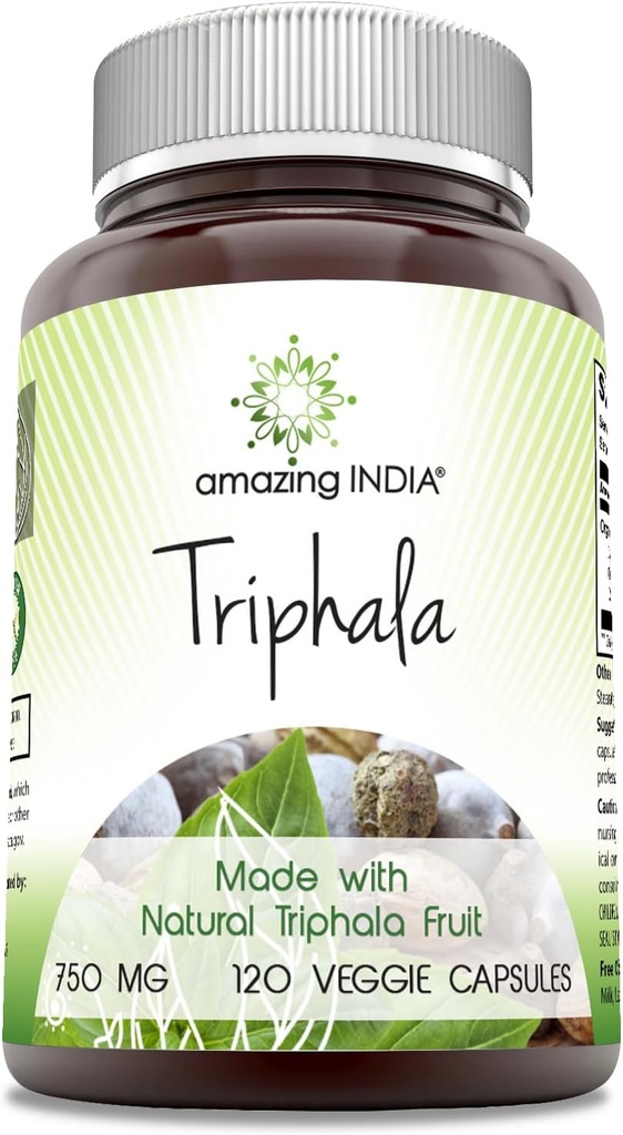 Increíble India Triphala (Natural Triphala Fruit) Suplemento Silencio 750 Mg por Serving TEN 120 Veggie Capsules ← Non-GMO ANTE Gluten-Free