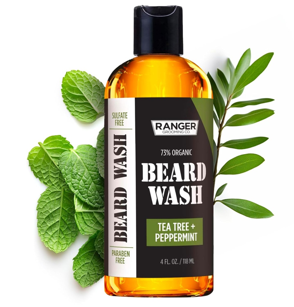 Leven Rose Beard Wash Shampoo por Ranger Grooming Co, Sulfate Free Natural Beard Cleanser &amp; Conditioner for Men, Tea Tree &amp; Peppermint for Growth & Thickening, Paraben Free 4 oz