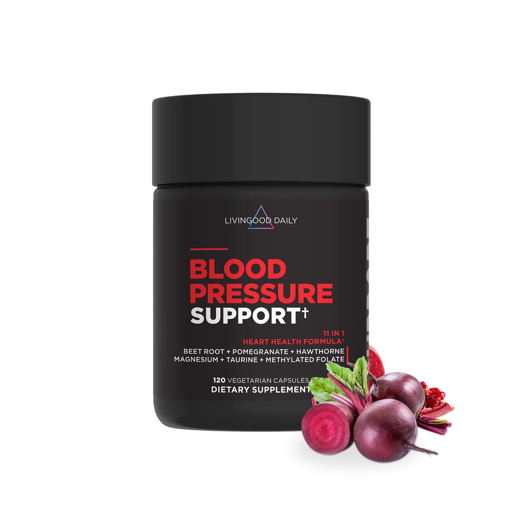 Livingood Daily Blood Pressure Support, Heart Health Supplement for Men & Women with Beet Root, Pomegranate, Hawthorn, Magnesium & Taurine, Cardiovascular Support Formula, Vegan, 120 Capsules
