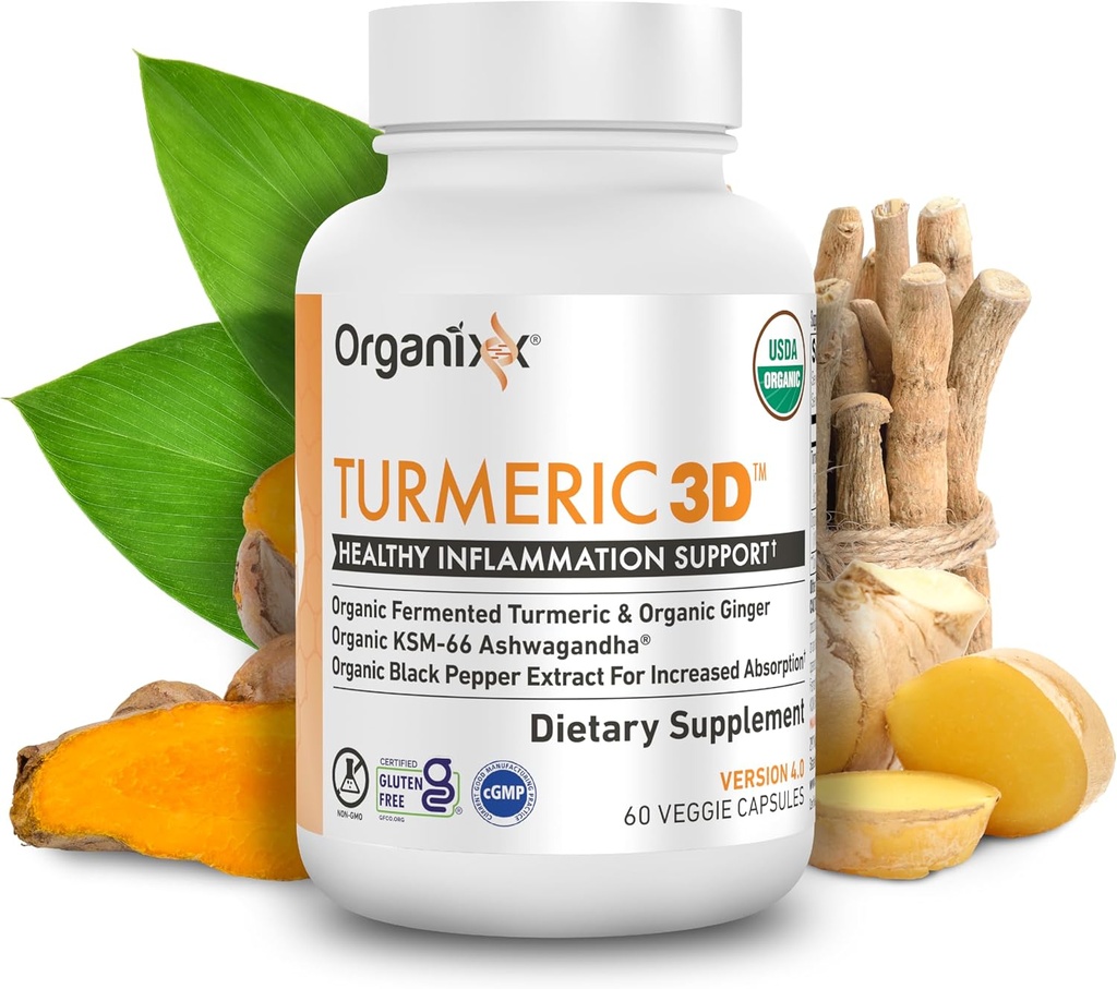 Organixx USDA Organic Turmeric Curcumin Supplement with Ashwagandha, Turmeric " Ginger – Immune " Joint Support, Fermented for Maximum Bioavailability, 60 Vegetarian Capsules