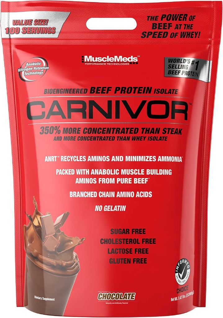 MuscleMeds Carnivor Beef Protein Isolate Powder, Chocolate, 7.47 libras (003662)