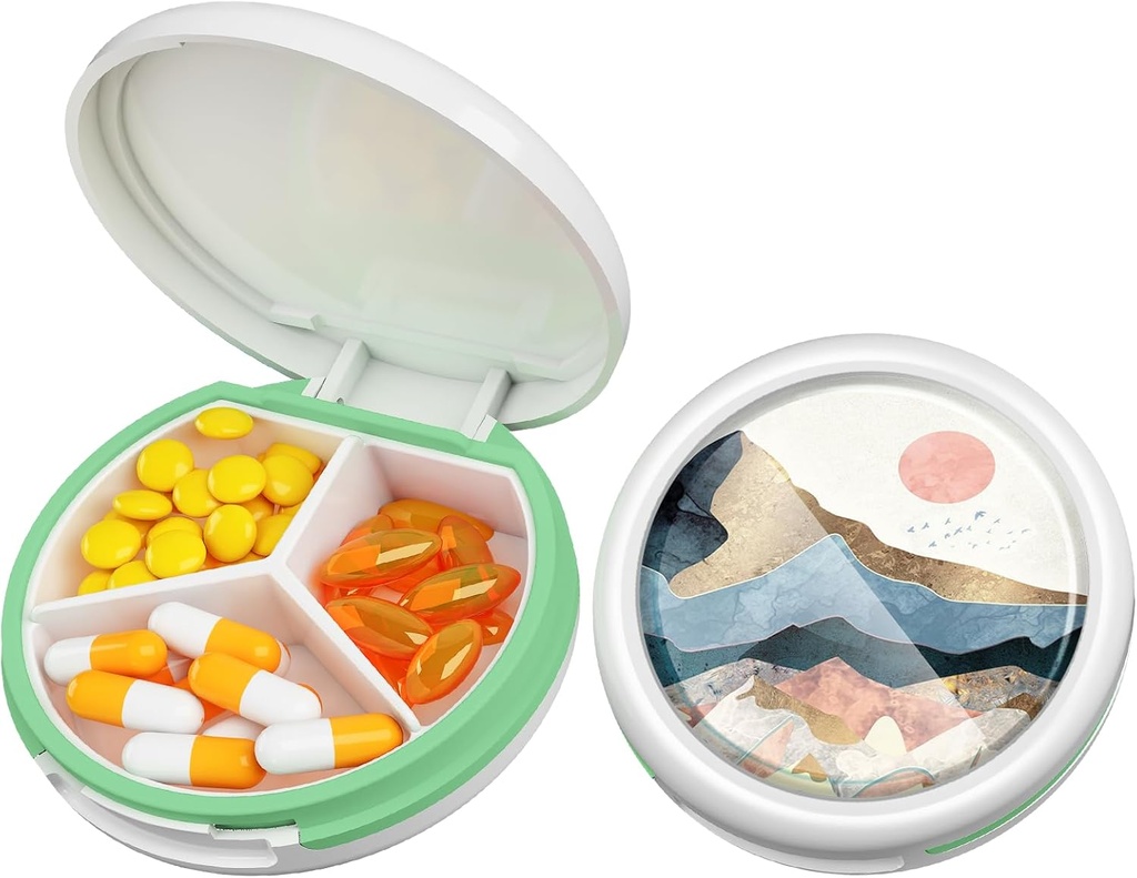 Serfeymi Small Pill Box - 3 Compartments Caja de Píldora Portátil para Bolsillo de Píldora de Píldora Compacta - Adecuado para Medicina, Vitamina, Petróleo de Pesca, Suplementos - Blanco(Montaña de Sol).