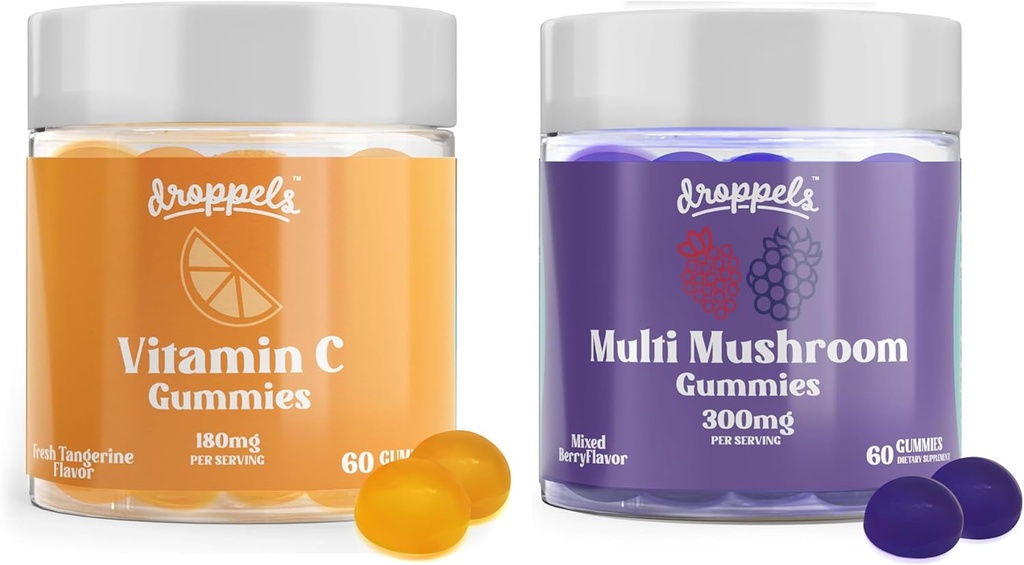 Droppels Multi Mushroom &amp; Vitamina C Gummies Bundle ← Vegan Immune Support Suplemento Silencio Mushroom Extractos con Reishi, Lion’s Mane, Chaga &amp; Más + 180mg Vitamina C latitud mixed Berries & Tangerine Flavors, 2