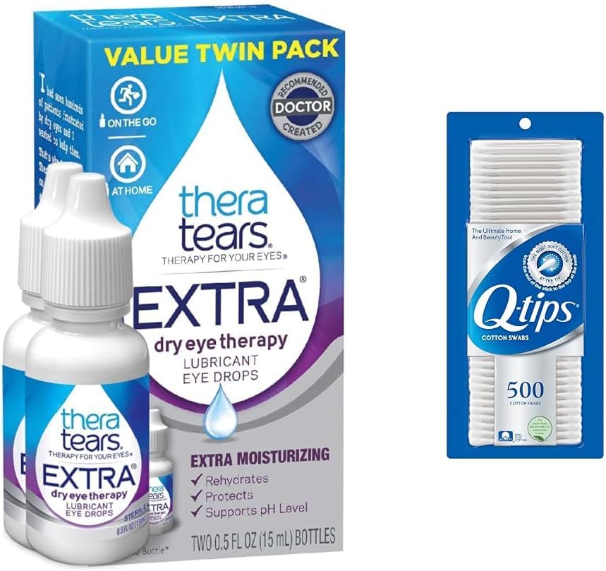 TheraTears Extra Dry Eye Drops 0.5 fl oz 2 Cuenta con Q-Tips 100% Cotton Swabs 500 Cuenta
