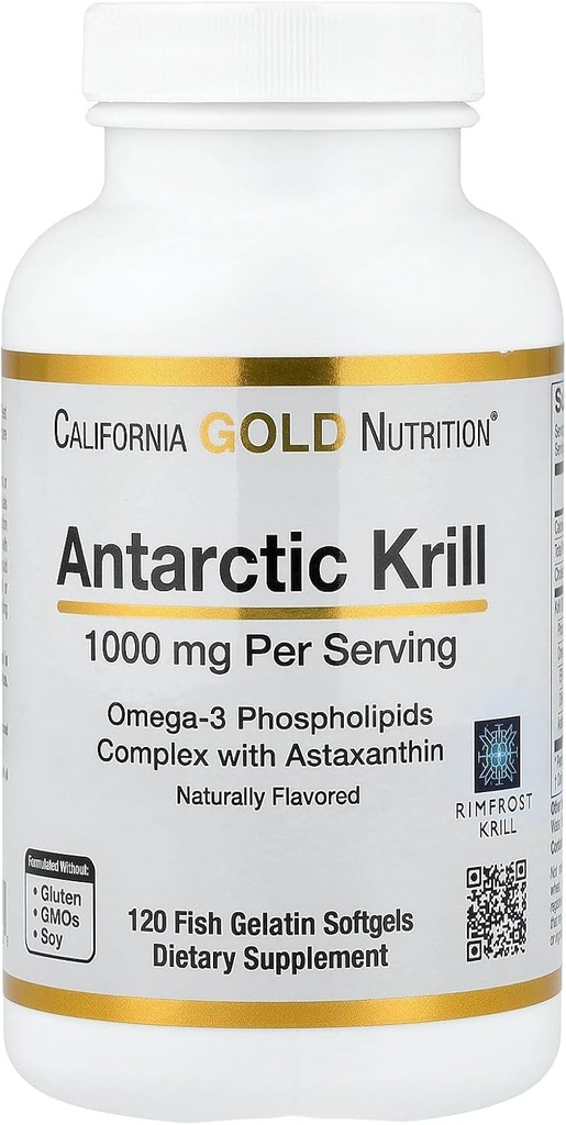 California Gold Nutrition Antártico Krill Oil, Omega-3 Phospholipids with Naturally Occurring Astaxanthin, Natural Strawberry & Lemon Flavor, Non GMO, 1,000 mg, 120 Fish Gelatin Softgels