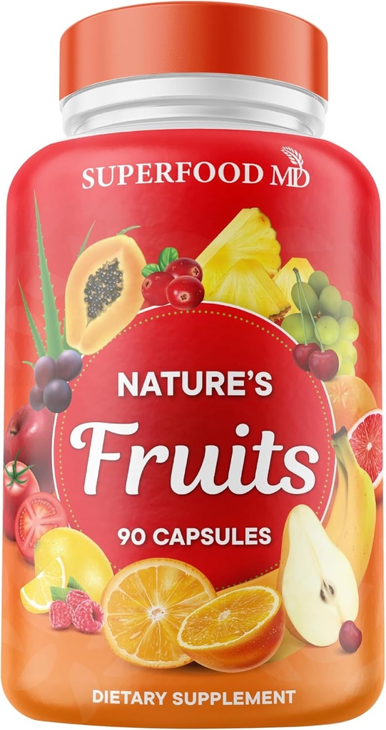 Superfood MD Fruits Supplement - 90 Fruits Capsules - Supports Energy Levels, High Lycopene, Vitamins & Minerals - Soy Free - 90 Count