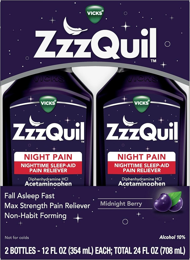 ZzzQuil Liquid, Max Strength Doin Reliever, Nighttime Sleep Aid Liquid, Acetaminophen 1000mg, Diphenhydramine 50mg HCI, Non-Habit Forming, Midnight Berry Flavored, 2 Pack, 24 FL OZ